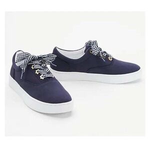 Isaac Mizrahi Navy Blue Canvas Sneakers Gingham Ribbon Laces Flower Size 6.5